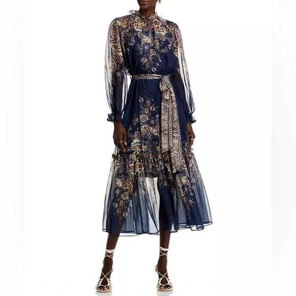 Nancy Yang Navy Floral Print Sheer Maxi Dress Ruffle Neck Size L NWT - Picture 2 of 8